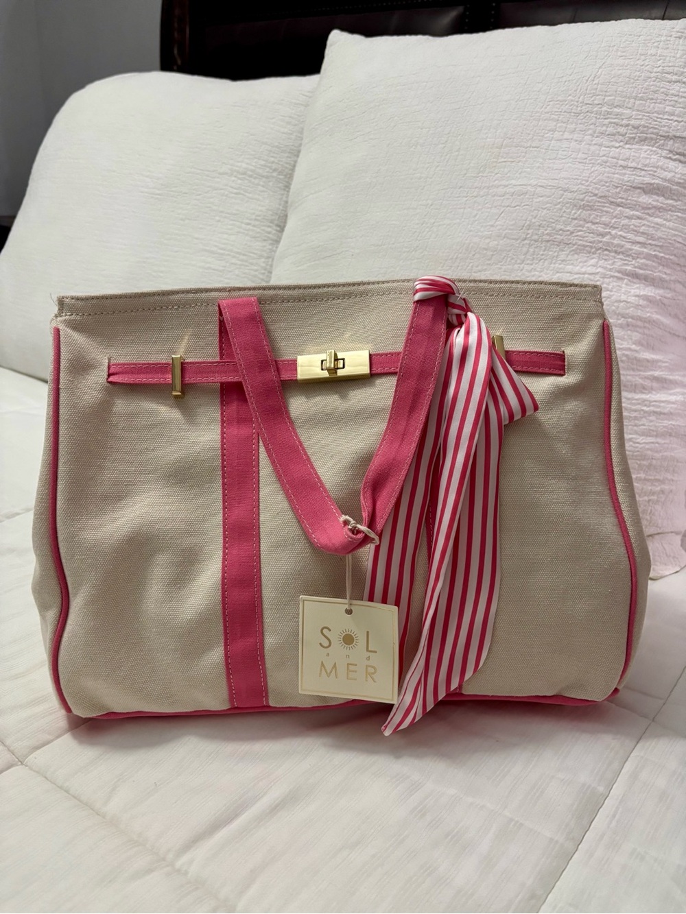 Boatkin Large Pink Trim Beige Canvas Tote Bag with Scarf